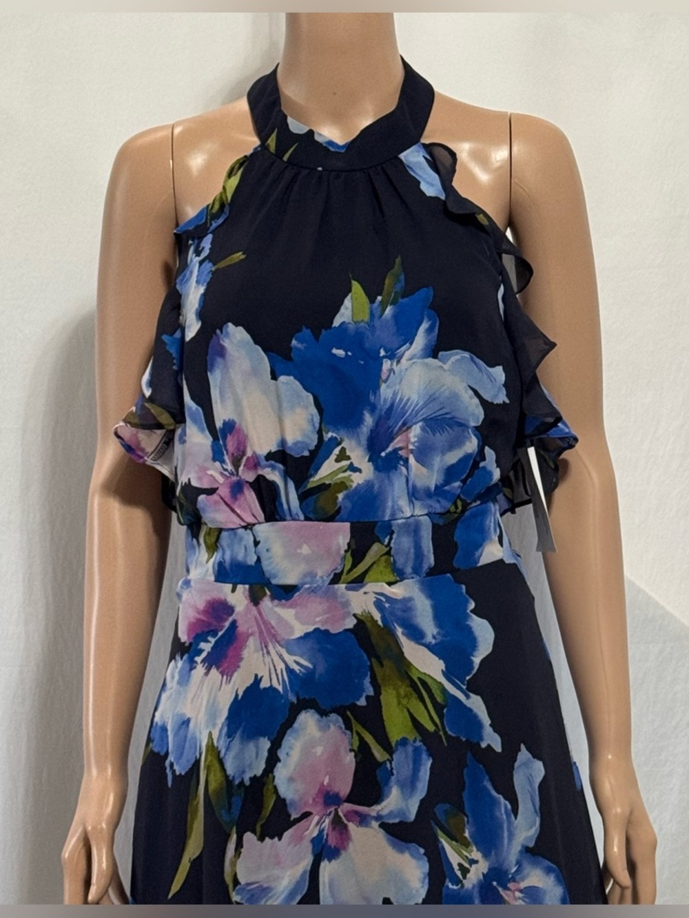 Eliza J Floral Chiffon Halter Maxi Dress Ruffle Neck Navy Multi Size 4 - Picture 13 of 13